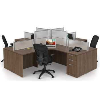 4 person light brown workstation with office supplies